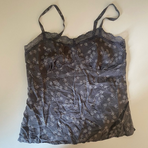 VTG Y2K American Eagle Silk Babydoll Cami Top Gray Lace Floral Fairy Grunge Sz 2 - Picture 3 of 10